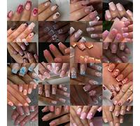 576 pièces (24 designs) Autocollants d'ongles carrés courts en gel 3D, comprenant des hibiscus, des pois, des coccinelles, des fleurs en fleurs et plus encore. Livré avec 4 rouleaux de ruban adhésif d