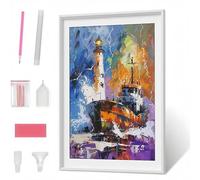 5D Bateau Diamond Painting Adulte, Phare Peinture Diamant Painting Kit Strass Point de Croix Peinture pour Adulte, Perle Diamant Broderie, DIY Pittura Diamante pour Murale Décor 70x95cm PJY2218 U-E