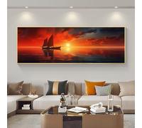 5D Bateau Du Coucher Du Soleil Diamond Painting,Peinture Diamant Grand DIY Diamant Painting Adultes Kit Complet,Diamond Art Images pour Enfants Débutant Pour Décor Murale Maison 50x125cm/20x49in M-351