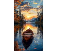 5D Bateau sur le lac Sunset Diamond Painting,DIY Round Drill Broderie Diamant Painting Complet pour Adultes,Art du Diamant Peinture Strass Point de Croix Painting pour Maison Murale Décor 30x70 cm