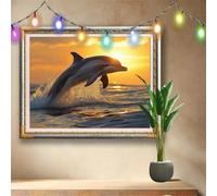 5D Coucher de soleil Diamond Painting,DIY Peinture Diamant Adulte 120x90cm,Dauphin Broderie Strass Point de Croix,Art Mosaïque Cristal pour Décoration Murale Maison, Puzzle Diamant Enfant 58F-3888