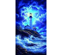 5D Diamond Art Painting,Blue Sea Lighthouse Diamond Painting Kits for Adults,DIY Round Full Drill Canvas Embroidery Cross Stitch,Diamond Arts Crafts Painting Pictures for Home Wall Decor 30x70cm