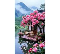 5D Diamond Art Painting,Garden Stream Flowers Diamond Painting Kits for Adults,DIY Round Full Drill Canvas Embroidery Cross Stitch,Diamond Arts Crafts Painting Pictures for Home Wall Decor 60x130cm
