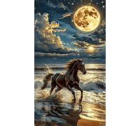 5D Diamond Art Painting,Horse Moon Beach Diamond Painting Kits for Adults,DIY Round Full Drill Canvas Embroidery Cross Stitch,Diamond Arts Crafts Painting Pictures for Home Wall Decor 80x170cm