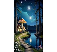 5D Diamond Art Painting,House River Moon Diamond Painting Kits for Adults,DIY Round Full Drill Canvas Embroidery Cross Stitch,Diamond Arts Crafts Painting Pictures for Home Wall Decor 60x130cm