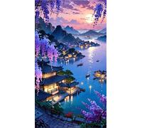 5D Diamond Art Painting,Island Village Sea Diamond Painting Kits for Adults,DIY Round Full Drill Canvas Embroidery Cross Stitch,Diamond Arts Crafts Painting Pictures for Home Wall Decor 40x90cm