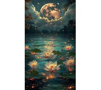 5D Diamond Art Painting,Lake Lotus Moon Diamond Painting Kits for Adults,DIY Square Full Drill Canvas Embroidery Cross Stitch,Diamond Arts Crafts Painting Pictures for Home Wall Decor 50x110cm