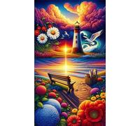 5D Diamond Art Painting,Lighthouse Beach Diamond Painting Kits for Adults,DIY Round Full Drill Canvas Embroidery Cross Stitch,Diamond Arts Crafts Painting Pictures for Home Wall Decor 100x210cm
