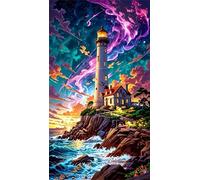 5D Diamond Art Painting,Lighthouse Starry Sky Diamond Painting Kits for Adults,DIY Square Full Drill Canvas Embroidery Cross Stitch,Diamond Arts Crafts Painting Pictures for Home Wall Decor 100x210cm