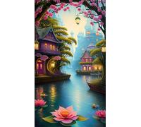 5D Diamond Art Painting,Loft Lotus Lake Diamond Painting Kits for Adults,DIY Round Full Drill Canvas Embroidery Cross Stitch,Diamond Arts Crafts Painting Pictures for Home Wall Decor 100x210cm