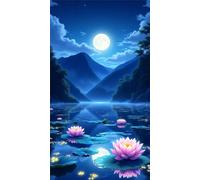 5D Diamond Art Painting,Lotus Lake Moon Diamond Painting Kits for Adults,DIY Square Full Drill Canvas Embroidery Cross Stitch,Diamond Arts Crafts Painting Pictures for Home Wall Decor 90x190cm
