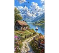 5D Diamond Art Painting,Nature Lake House Diamond Painting Kits for Adults,DIY Square Full Drill Canvas Embroidery Cross Stitch,Diamond Arts Crafts Painting Pictures for Home Wall Decor 50x110cm
