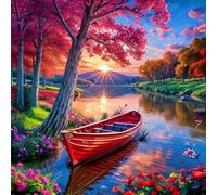 5D Diamond Painting Bateau fluvial Peinture Diamant Kit Complet,Rond DIY Paysage ensoleillé Diamond Art Painting,Broderie Diamant Strass Cristal Point de Croix Murale Décoration Cadeau 35x35 cm