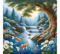 5D Diamond Painting Carpes koï de la rivière Woods Peinture Diamant Kit Complet,Rond DIY Paysage Diamond Art Painting,Broderie Diamant Strass Cristal Point de Croix Murale Décoration Cadeau 65x65 cm