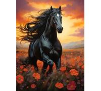 5D Diamond Painting Cheval Noir Diamant Painting Kit Complet, Champ de Fleurs Diamond Painting Adulte, DIY Diamant Strass Point de Croix Cristal Painting pour Murale Décoration 40x60cm -YZ1261