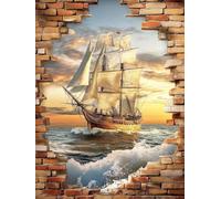 5D Diamond Painting Mer Peinture Diamant Adulte, DIY Bateau Diamant Painting Enfant, Broderie Point de Croix Cristal Painting, Loisirs Créatifs Adultes pour Chambre Decoration Cadeau 70x90 cm O4-166