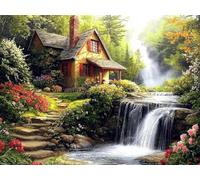 5D DIY Cascade de la maison forestière Kits de Peinture Diamant, Diamond Painting pour Adulte Débutants, Diamond Art Kits Strass Point de Croix Cristal Painting pour Maison Décor 100x135 cm H-775