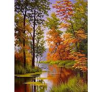 5D DIY Diamond Painting Kit,Lac des arbres d'automne Broderie Diamant Kit Complet pour Adultes Enfants Cristal Strass Point de Croix Art pour La Maison Décor Murale Cadeau (30x40cm/12x16in)