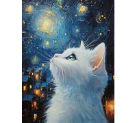 5D DIY Le Chat Blanc Kits de Peinture Diamant, Complète La Planète Diamond Painting pour Adulte Débutants, Cristal Débutant Set Art du Diamant, Décoration Murale Peinture Diamant 90x120cm A62S-217