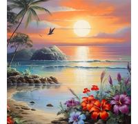 5D Fleurs mer coucher du soleil Diamond Painting Adultes DIY Broderie Art diamant painting Kit Complet,Peinture Diamant Artisanat Strass Point de Croix Paintings pour Murale Décor Square Drill,40x40cm