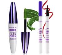 5d Green Silk Fibre Mascara And Liquid Eyeliner Set,Liquid Eyeliner Waterproof Anti-Fouling,Long-Lasting Volumizing Curling Eyelash Extension Mascara For Party Colorful Eye Make-Up Green