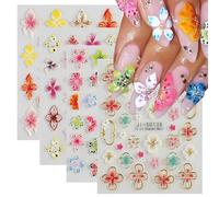 5d-Nagelaufkleber Avec Fleurs En Relief, Hibiscus Et Lys Tropicaux Pour L'Art Des Ongles En Été Et Au Printemps, Inclut 4 Pcs Pour Femmes Et Filles