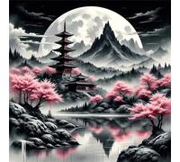 5D Paysage japonais Diamond Painting,DIY Round 75x75 cm Broderie Diamant Painting Kit Complet,Noir Rose Art du Diamant Peinture Strass Point de Croix Painting pour Adultes Débutants Murale Décor