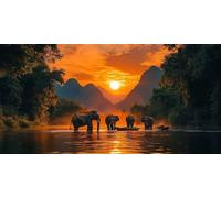 5D Peinture Diamant Adulte, Coucher de soleil éléphant Diamond Painting Complet Cristal Diamant Kit Enfants, DIY Point de Croix Painting Murale Décoration Artisanat Décor À La Maison 60x80cm F686