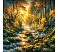 5D Ruisseau Sunset Woods Diamond Painting Adultes DIY Broderie Art diamant painting Kit Complet,Peinture Diamant Artisanat Strass Point de Croix Paintings pour Murale Décoratio Square Drill,90x90cm