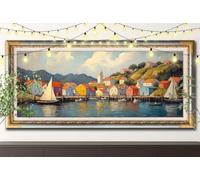 5D Voiliers Diamond Painting,DIY Peinture Diamant Adulte 100x250cm,Villages Broderie Strass Point de Croix,Art Mosaïque Cristal pour Décoration Murale Maison, Puzzle Diamant Cadeau Enfant 61F-8760