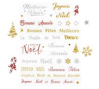 5Feuilles 225Pcs Autocollant Noël Sticker Francais Joyeux Noël Motif Flocon de Neige Sapin Etoile Gommette Doré Argenté Rouge Décoration pour Carte Sac Cadeau Enveloppe
