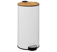 Five Poubelle 30 Litres en Métal Blanc et Couvercle en Bambou
