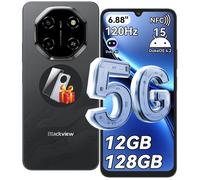5G Smartphone BLACKVIEW SHARK 6 Android 15 Téléphone Portable Pas Cher,12Go+128Go,6.88'' HD,120Hz,5000mAh,16+8MP, Dual SIM,NFC,Noir