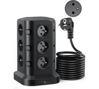 [5M Cable] 12 Sockets 2P+T Type E (France) Tower Power Strip Surge Arrester And Surge (4000W/16A), Electric Power Strip With 6 Usb Ports And 12 Sockets, 5 M Cable, Black
