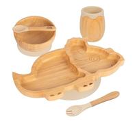 5pc Beige Dinosaure Ensemble Sevrage pour Bébé en Bambou - Enfants Nourriture Alimentation Dîner Plaque Bol Cuillère Coutellerie - Silicone Ventouse - Par Tiny Dining