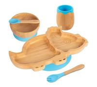 5pc Bleu Dinosaure Ensemble Sevrage pour Bébé en Bambou - Enfants Nourriture Alimentation Dîner Plaque Bol Cuillère Coutellerie - Silicone Ventouse - Par Tiny Dining
