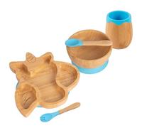 5pc Bleu Licorne Ensemble Sevrage pour Bébé en Bambou - Enfants Nourriture Alimentation Dîner Plaque Bol Cuillère Coutellerie - Silicone Ventouse - Par Tiny Dining