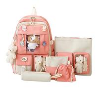 5Pc éCole Commence Saison Femmes Fille éTudiant Sac D'éCole Toile Dessin Animé Pendentif Sac à Sac à Main Sac à BandoulièRe Sac Stylo Poche à Cordon CosméTiques En Cuir Pour Hommes