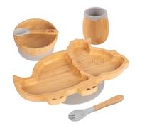 5pc Gris Dinosaure Ensemble Sevrage pour Bébé en Bambou - Enfants Nourriture Alimentation Dîner Plaque Bol Cuillère Coutellerie - Silicone Ventouse - Par Tiny Dining