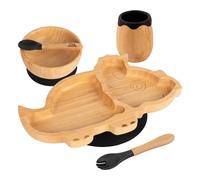5pc Noir Dinosaure Ensemble Sevrage pour Bébé en Bambou - Enfants Nourriture Alimentation Dîner Plaque Bol Cuillère Coutellerie - Silicone Ventouse - Par Tiny Dining