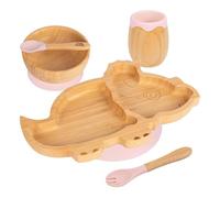5pc Rose Pastel Dinosaure Ensemble Sevrage pour Bébé en Bambou - Enfants Nourriture Alimentation Dîner Plaque Bol Cuillère Coutellerie - Silicone Ventouse - Par Tiny Dining