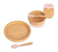 5pc Rose Pastel Ronde Ensemble Sevrage pour Bébé en Bambou - Enfants Nourriture Alimentation Dîner Plaque Bol Cuillère Coutellerie - Silicone Ventouse - Par Tiny Dining