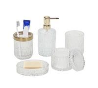 5pcs Accessoires de Salle de Bain en Verre Transparent avec Distributeur de Lotion, Porte Savon, Porte Brosse à Dents, Gobelet, Pots de Cotons-Tiges, Décoration Moderne Cristal Vintage