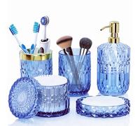 5pcs Accessoires de Salle de Bain en Verre Transparent avec Distributeur de Lotion, Porte Savon, Porte Brosse à Dents, Gobelet, Pots de Cotons-Tiges, Décoration Moderne Cristal Vintage