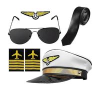 5pcs Airline Pilot Captain Hat - Costume Accessories Set - Pilot Fancy Dress Kit With Captain Hat - Lunettes de soleil Tie Gants Tenue de cosplay pour adultes adolescents Cosplay Dress Up Party