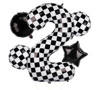 5pcs Ballons à Carreaux, Ballon à Chiffre à Carreaux de 101,6cm Ballons d'Anniversaire à Numéro de Voiture de Course Noir et Blanc pour Décoration sur le Thème des Voitures de Course(Numéro 2)