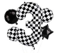 5pcs Ballons à Carreaux, Ballon à Chiffre à Carreaux de 101,6cm Ballons d'Anniversaire à Numéro de Voiture de Course Noir et Blanc pour Décoration sur le Thème des Voitures de Course(Numéro 3)