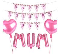 5PCS Ballons Cœur Rose et Mot Mum + 1 Set Bannière Banderole de Fête des Mères avec 11m Rouleaux de ruban pour la Décoration de Fête Maman Anniversaire Party Familial