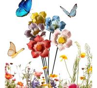 5PCS Bee Watering Station Set - Ceramic Flower Drinkers with Metal Stakes 32cm Tall Mixed Color Pollinator Feeders for Bees Butterflies Hummingbirds - Garden Patio Decor - Outdoor Accent