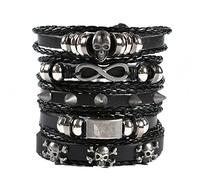 5Pcs Bracelet Cuir Homme Femmes, Punk Tressé Manchette Vintage, Manchette Bracelet Corde Ethnic Tribal Wrap Bracelets Ensemble Réglable Cadeau Bijoux (Crâne)